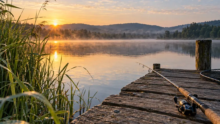 Holzsteg an einem See im Morgennebel bei Sonnenaufgang, auf dem Steg liegen eine Angelrute und ein Kescher, vorne Schilf