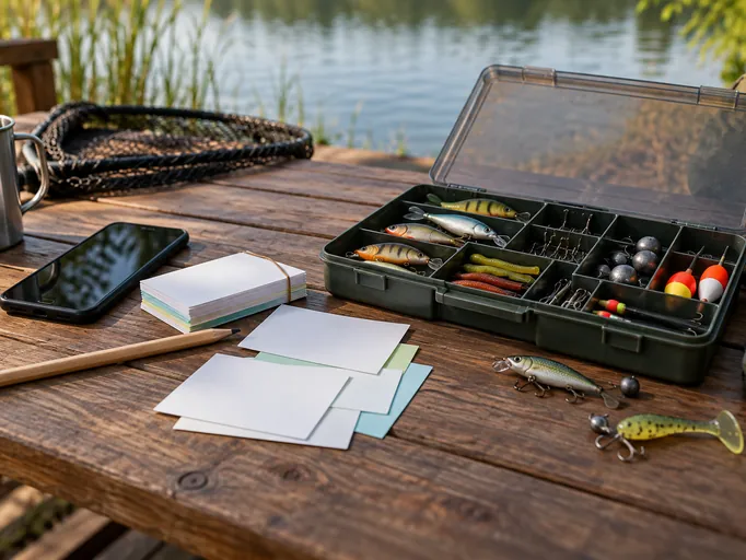 Holztisch am Wasser mit geöffneter Köderbox, Lernkarten, Bleistift, Smartphone, Becher und Kescher